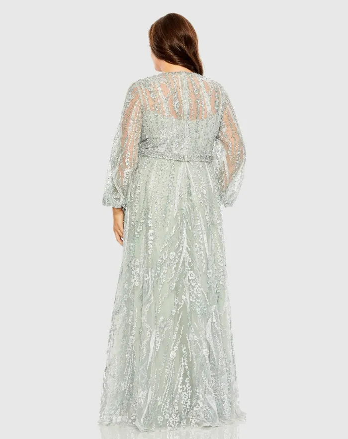V Neck Puff Sleeve Embroidered A Line Gown Mauve Plus Size Dresses Mac Duggal Women