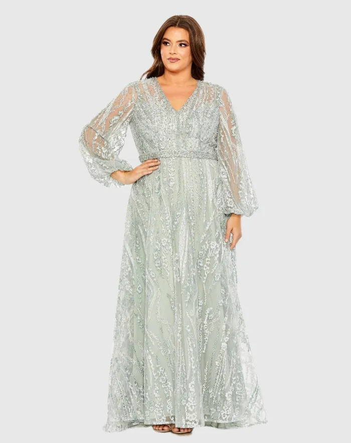 V Neck Puff Sleeve Embroidered A Line Gown Mauve Plus Size Dresses Mac Duggal Women
