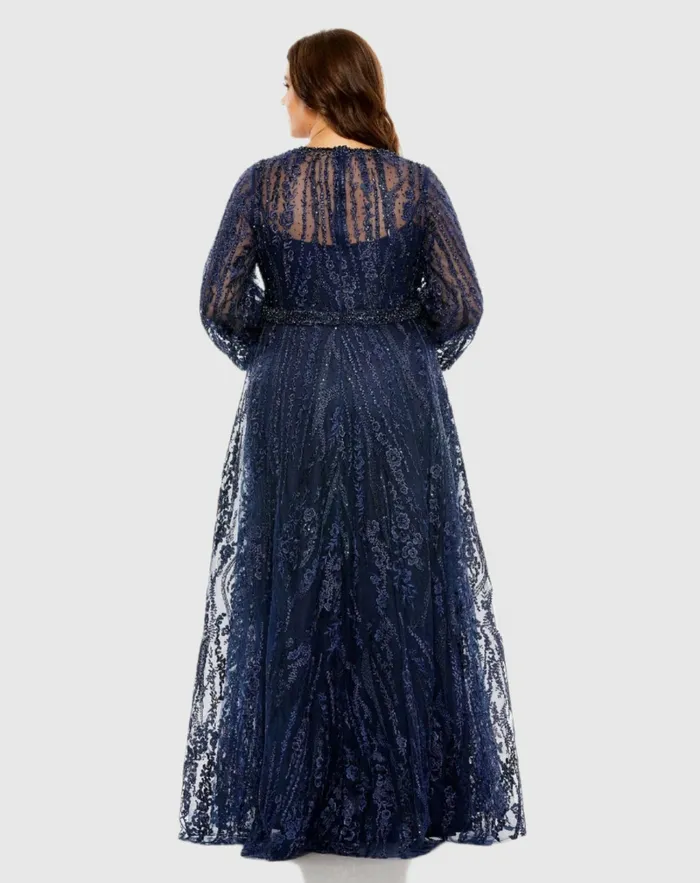V Neck Puff Sleeve Embroidered A Line Gown Mauve Plus Size Dresses Mac Duggal Women