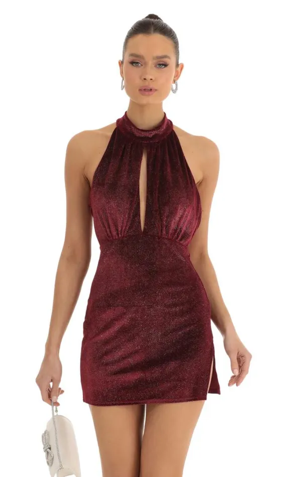 Velvet Glitter Mock Neck Halter Dress Red Women LUCY IN THE SKY Mini Dresses