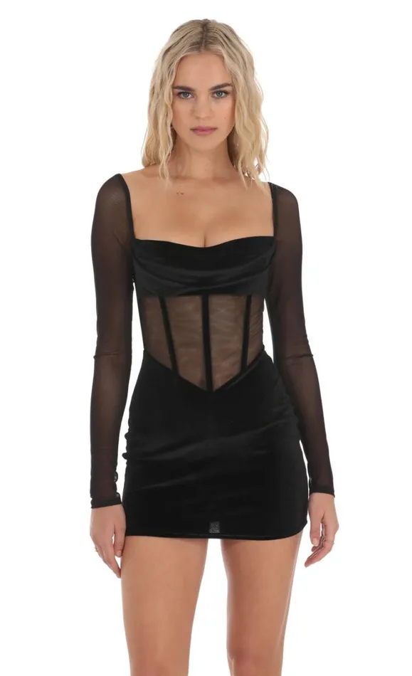 Velvet Mesh Corset Dress Black Women LUCY IN THE SKY Mini Dresses