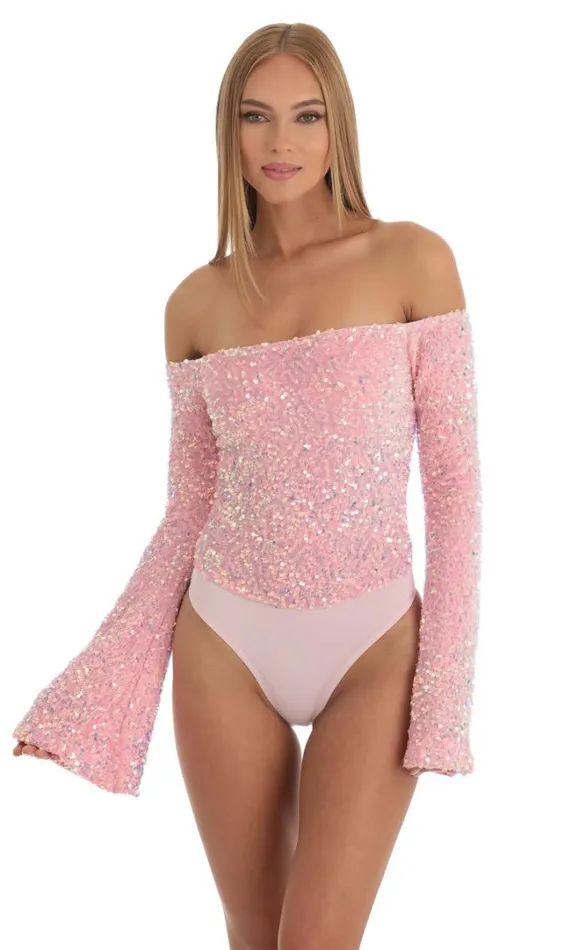 Velvet Sequin Bodysuit Pink Women LUCY IN THE SKY Bodysuits
