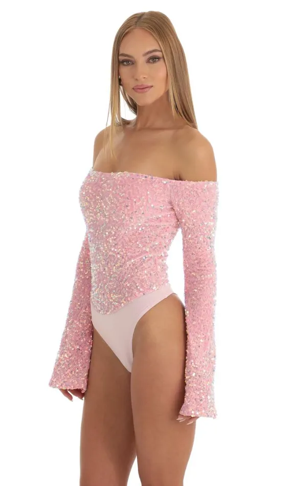 Velvet Sequin Bodysuit Pink Women LUCY IN THE SKY Bodysuits Velvet Sequin Bodysuit Pink Women LUCY IN THE SKY Bodysuits