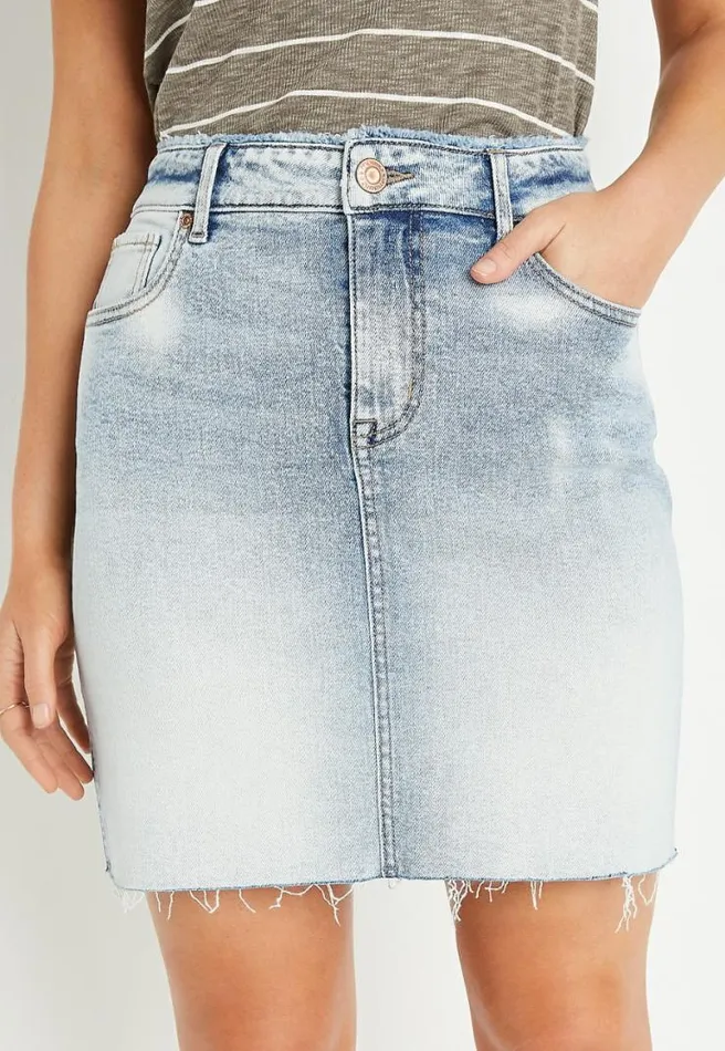 Vintage High Rise Light Wash Frayed Hem Denim Skirt Women Maurices Bottoms