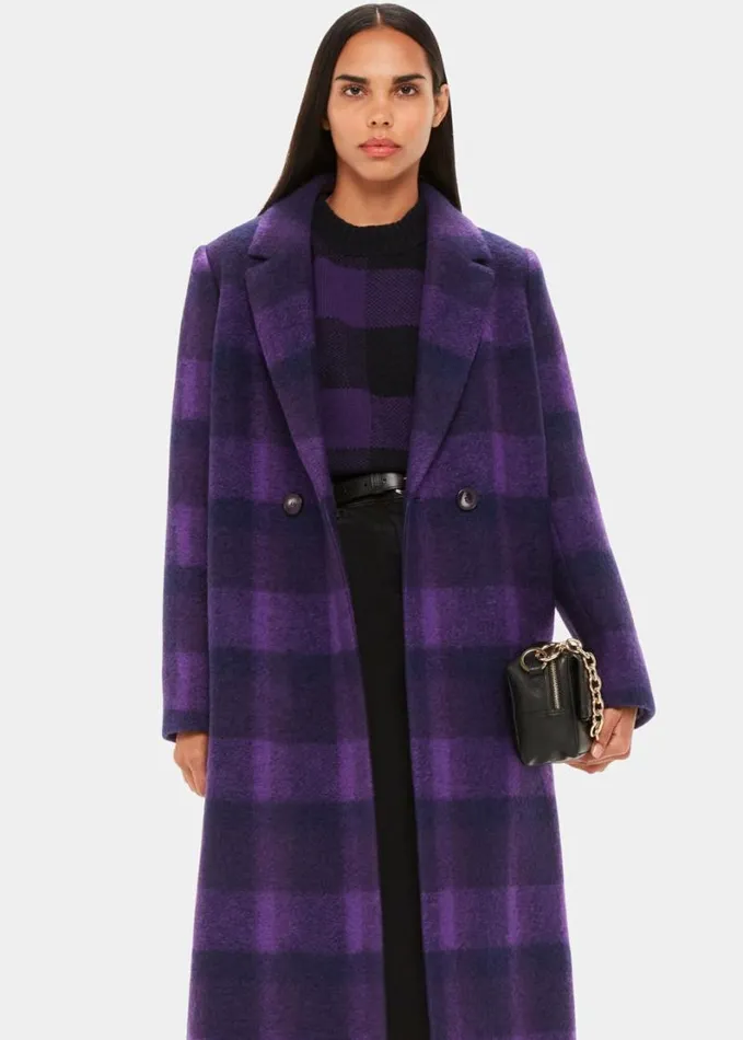 Whistles Camila Wool Check Coat Purple Women Coats and Jackets