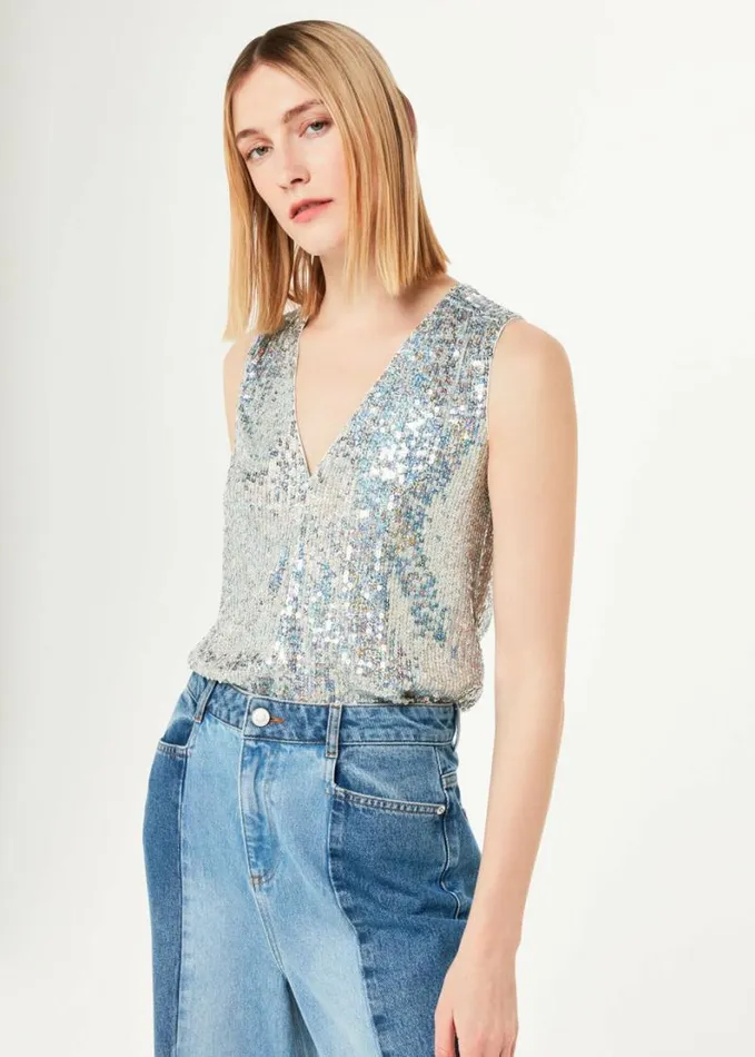Whistles Claudia Sequin Vest Top Silver Women Tops