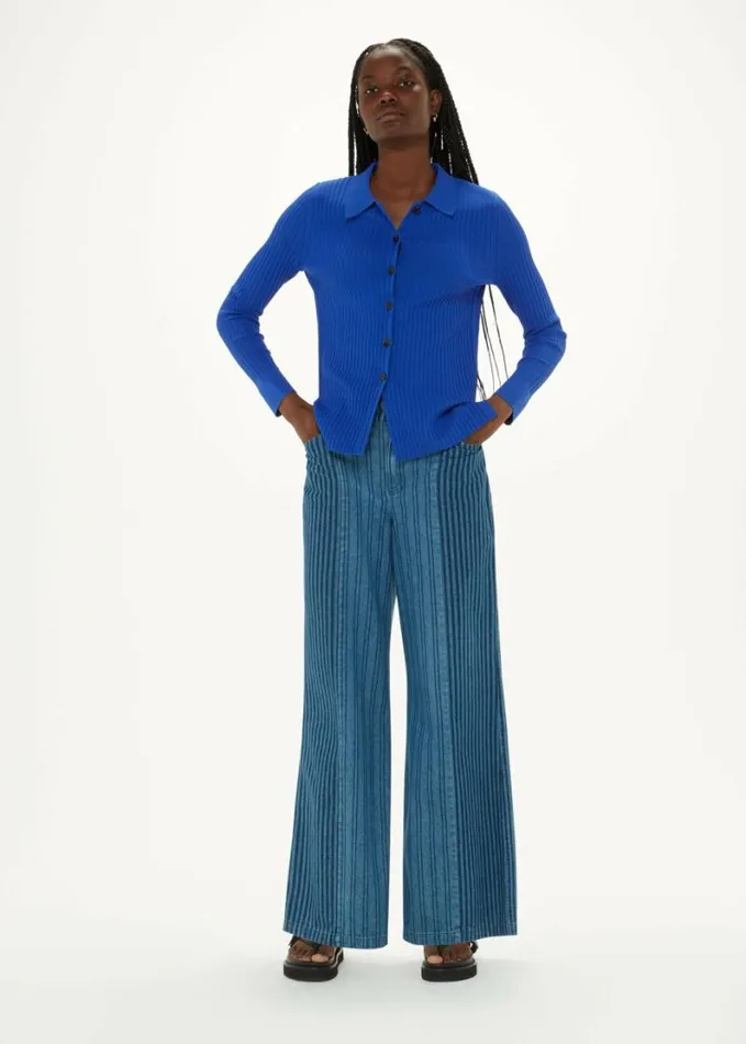 Whistles Collar Ribbed Shirt Blue Women Tops