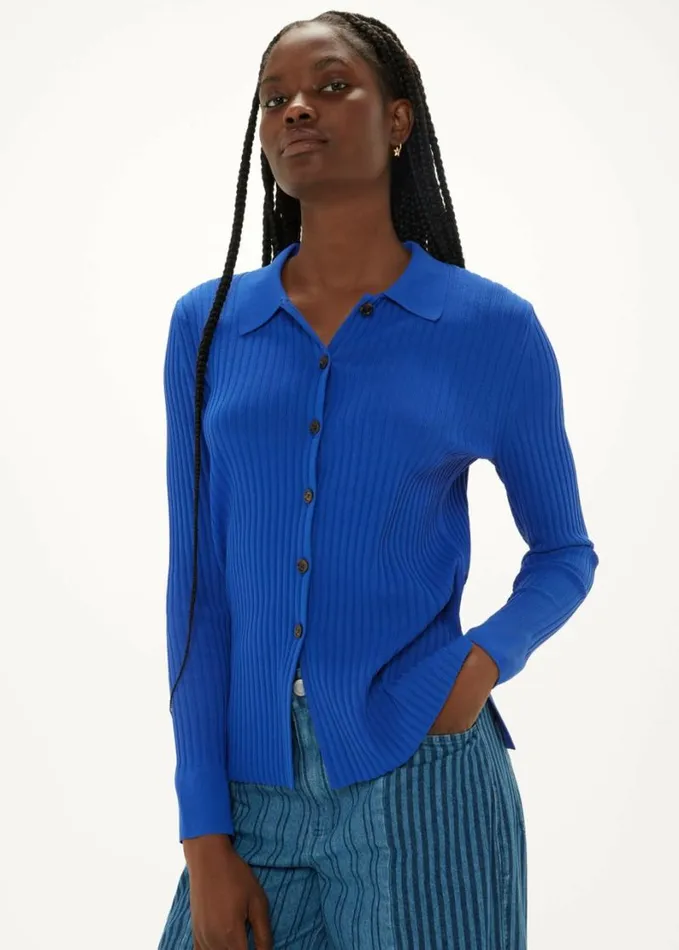 Whistles Collar Ribbed Shirt Blue Women Tops