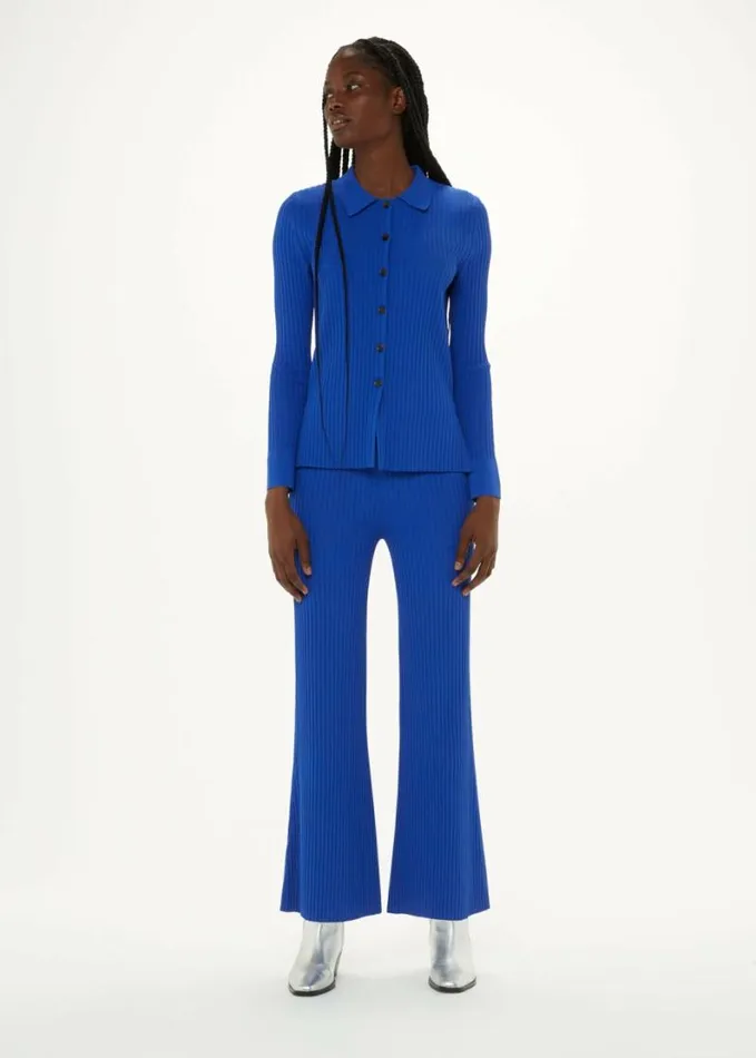 Whistles Collar Ribbed Shirt Blue Women Tops