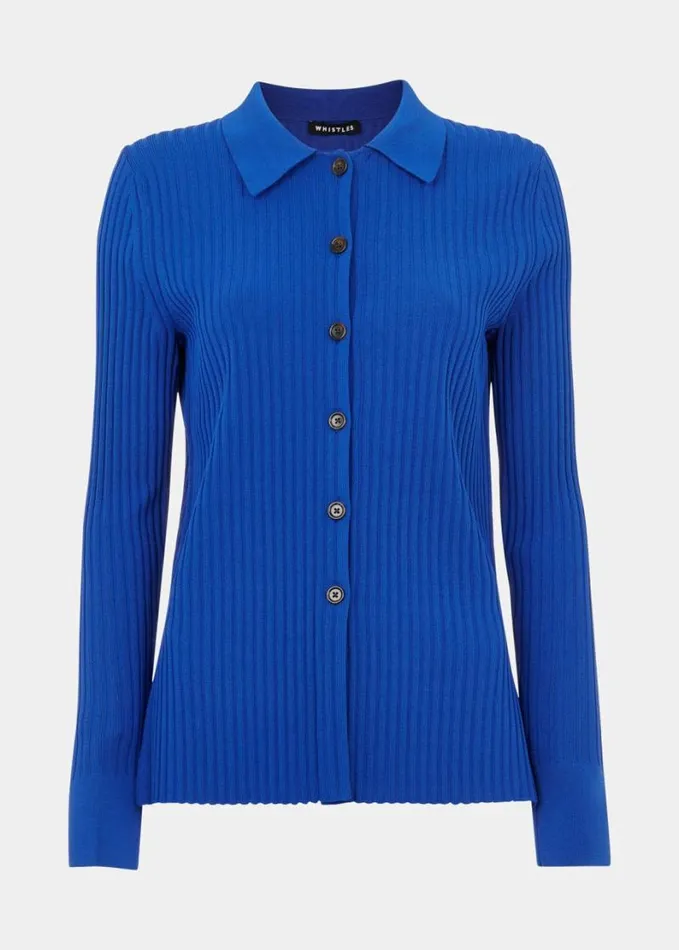 Whistles Collar Ribbed Shirt Blue Women Tops