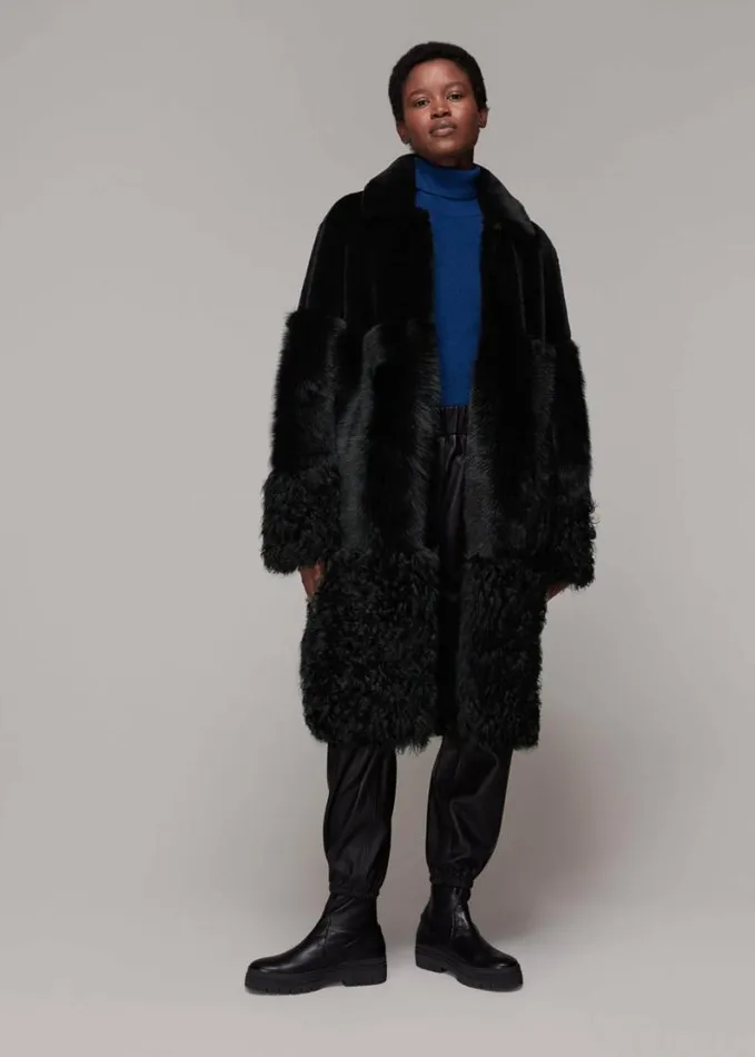 Whistles Cossma Shearling Longline Coat Black Women Coats and Jackets