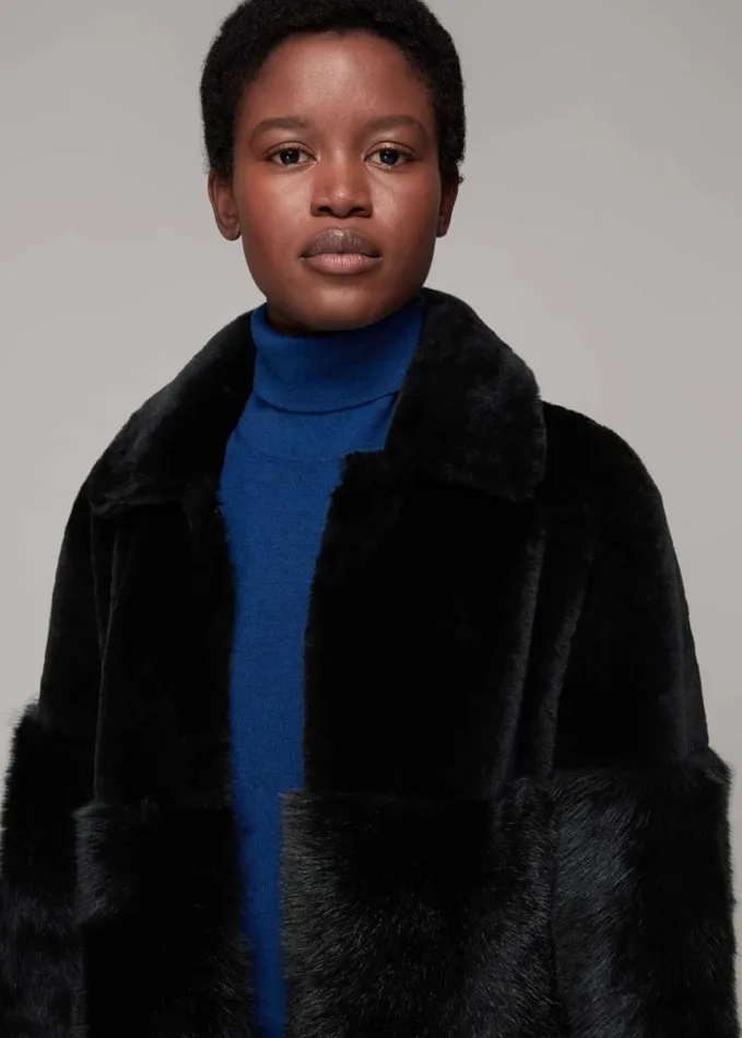 Whistles Cossma Shearling Longline Coat Black Women Coats and Jackets