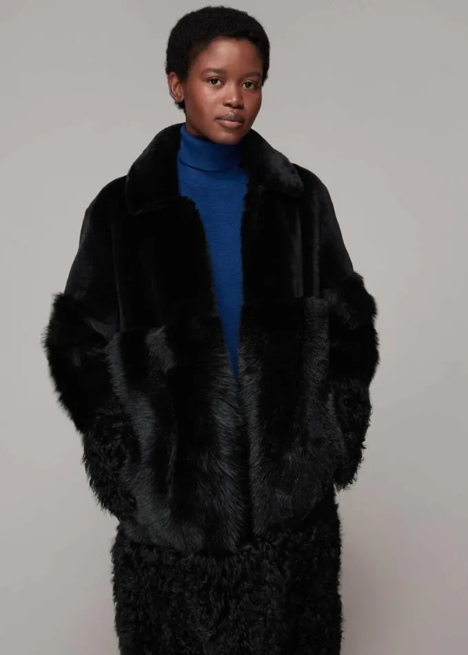 Whistles Cossma Shearling Longline Coat Black Women Coats and Jackets