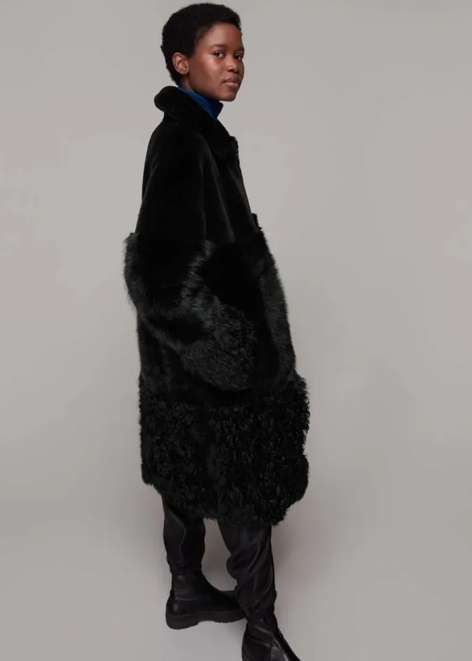 Whistles Cossma Shearling Longline Coat Black Women Coats and Jackets