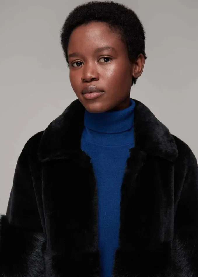Whistles Cossma Shearling Longline Coat Black Women Coats and Jackets