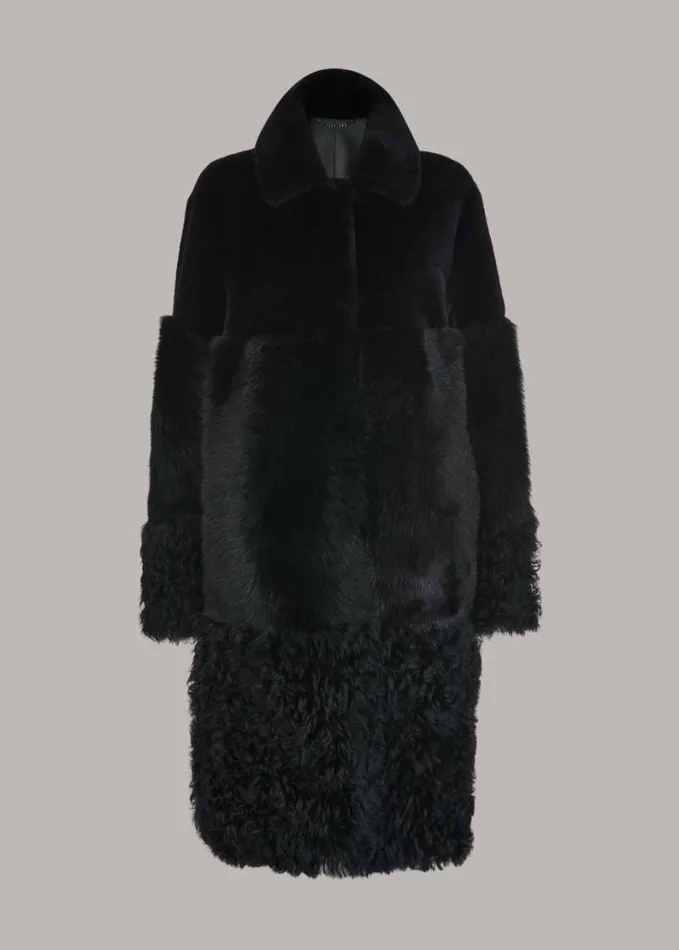 Whistles Cossma Shearling Longline Coat Black Women Coats and Jackets