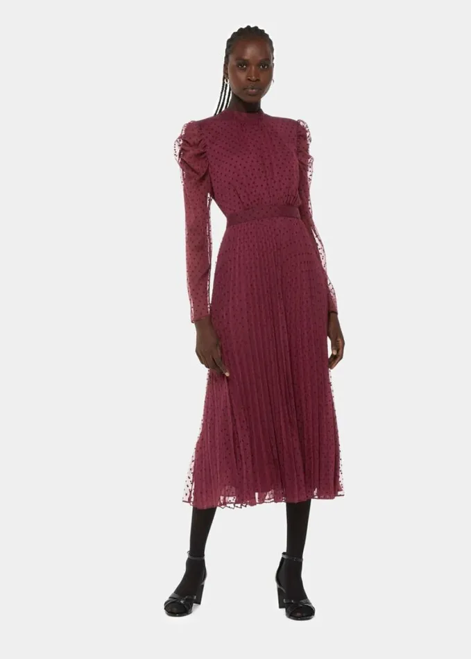 Whistles Dobby Velvet Celia Dress Burgundy Women Wedding Guests