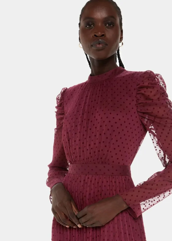 Whistles Dobby Velvet Celia Dress Burgundy Women Wedding Guests