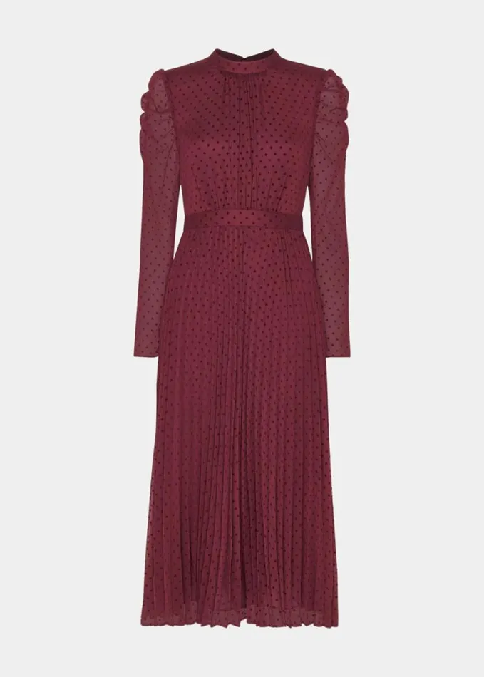 Whistles Dobby Velvet Celia Dress Burgundy Women Wedding Guests