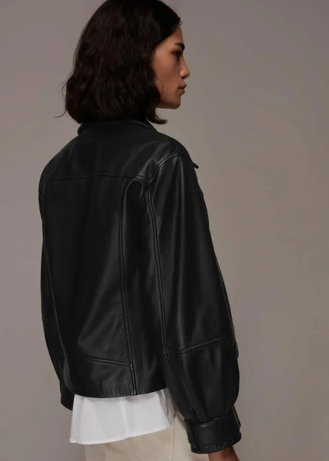 Whistles Ellis Balloon Sleeve Biker Black Women Coats and Jackets
