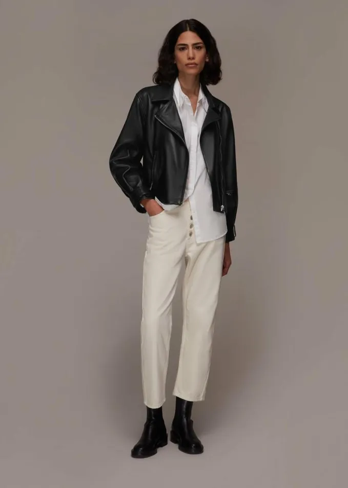 Whistles Ellis Balloon Sleeve Biker Black Women Coats and Jackets
