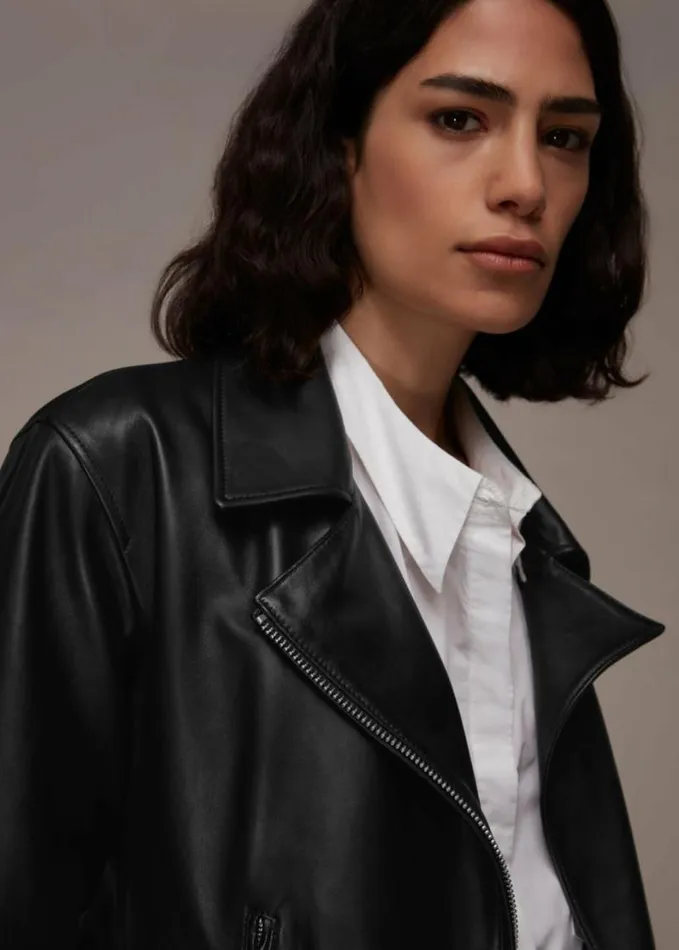 Whistles Ellis Balloon Sleeve Biker Black Women Coats and Jackets