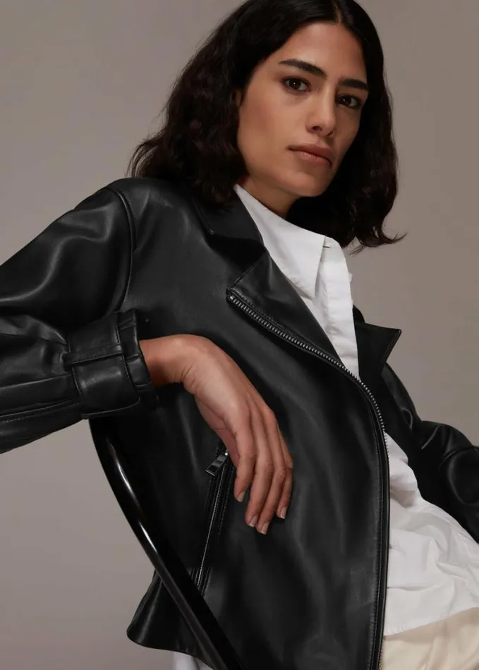 Whistles Ellis Balloon Sleeve Biker Black Women Coats and Jackets