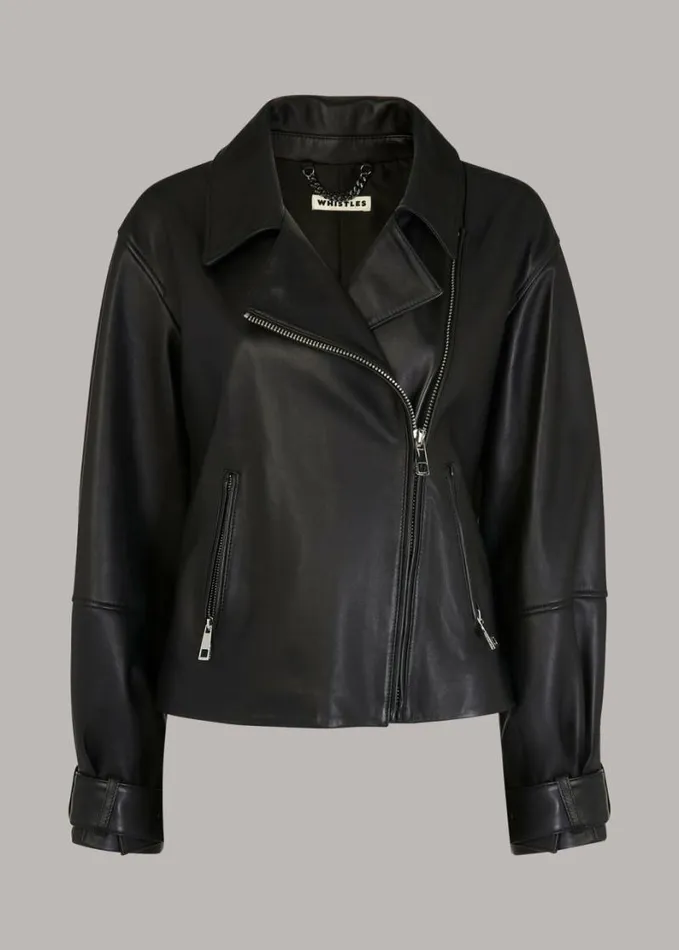 Whistles Ellis Balloon Sleeve Biker Black Women Coats and Jackets