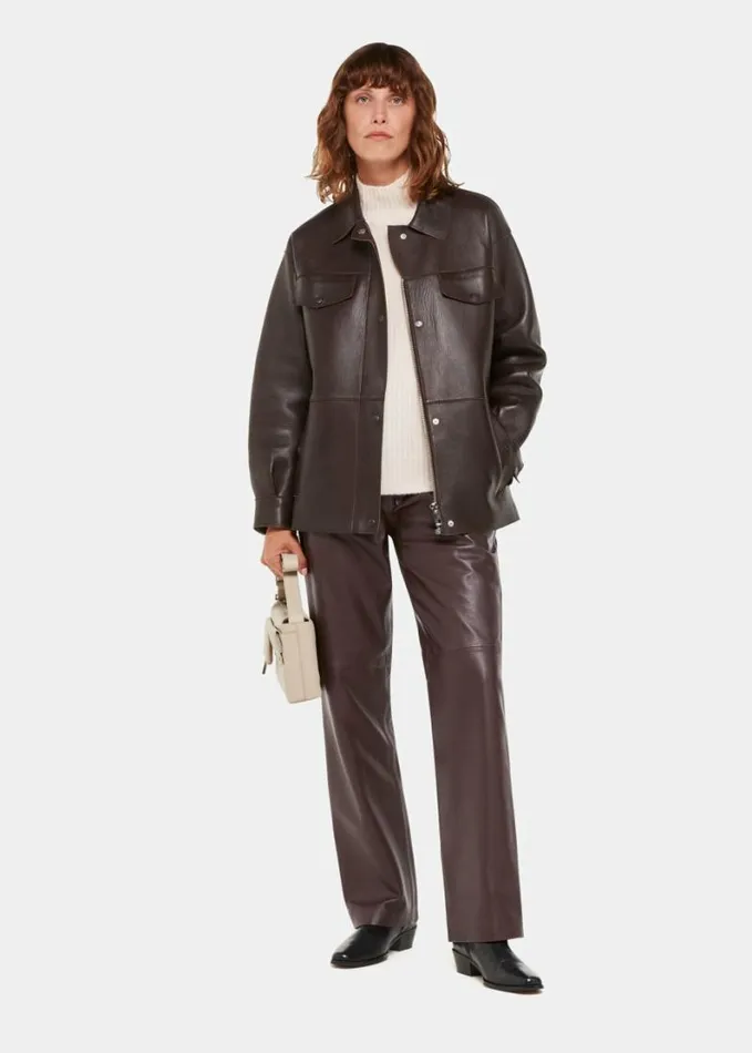 Whistles Flat Front Leather Trousers Chocolate Women Pants