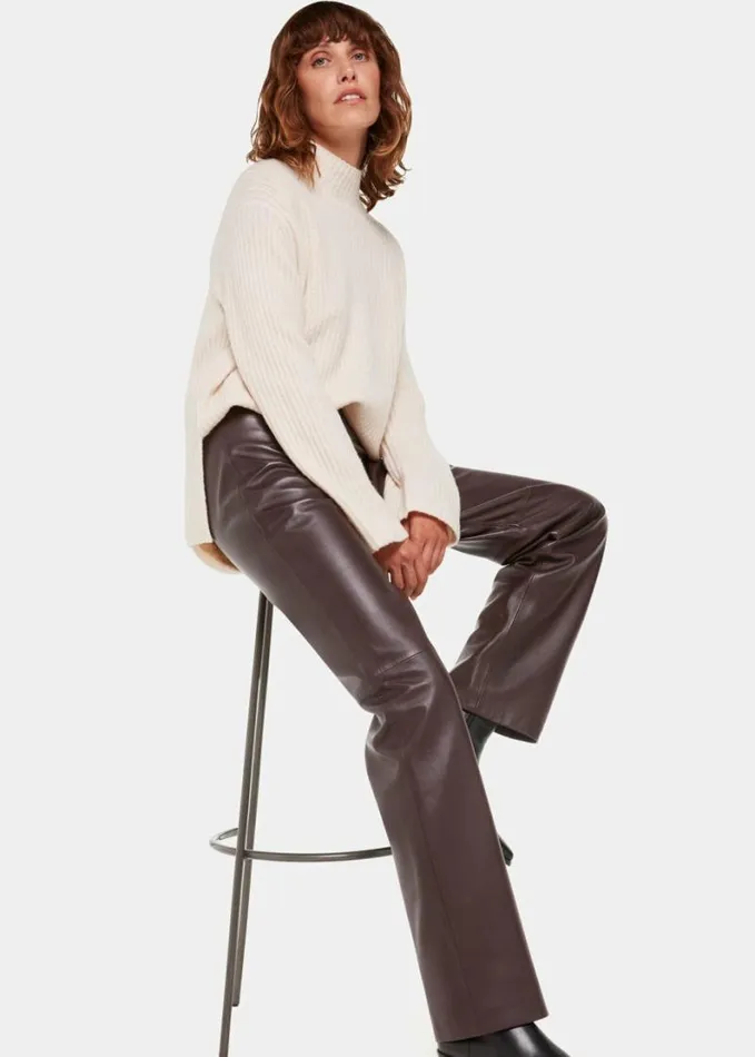 Whistles Flat Front Leather Trousers Chocolate Women Pants