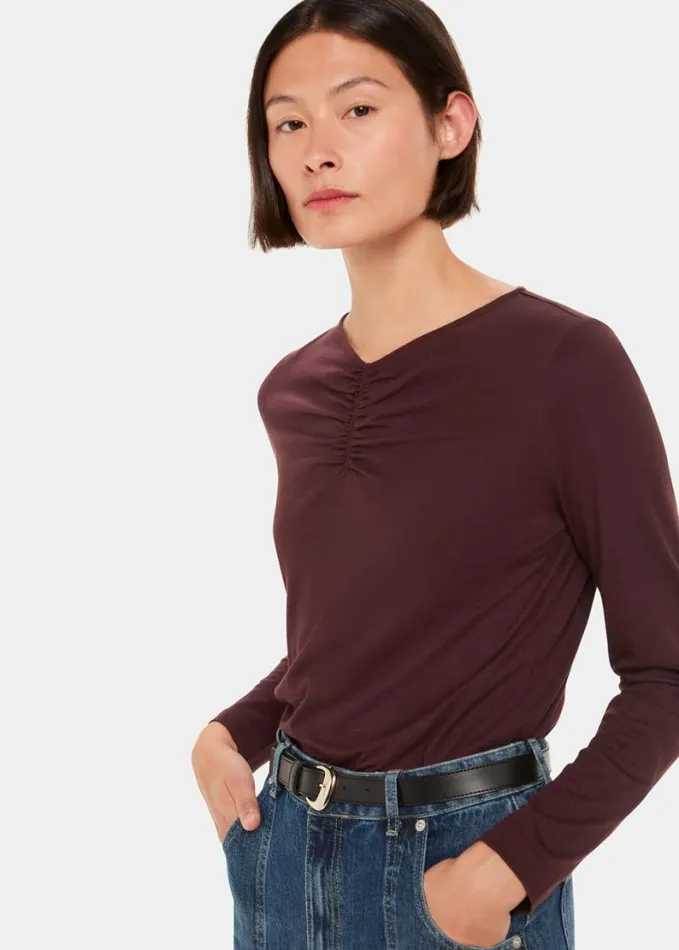 Whistles High V Neck Ruched Top Burgundy Women Tops
