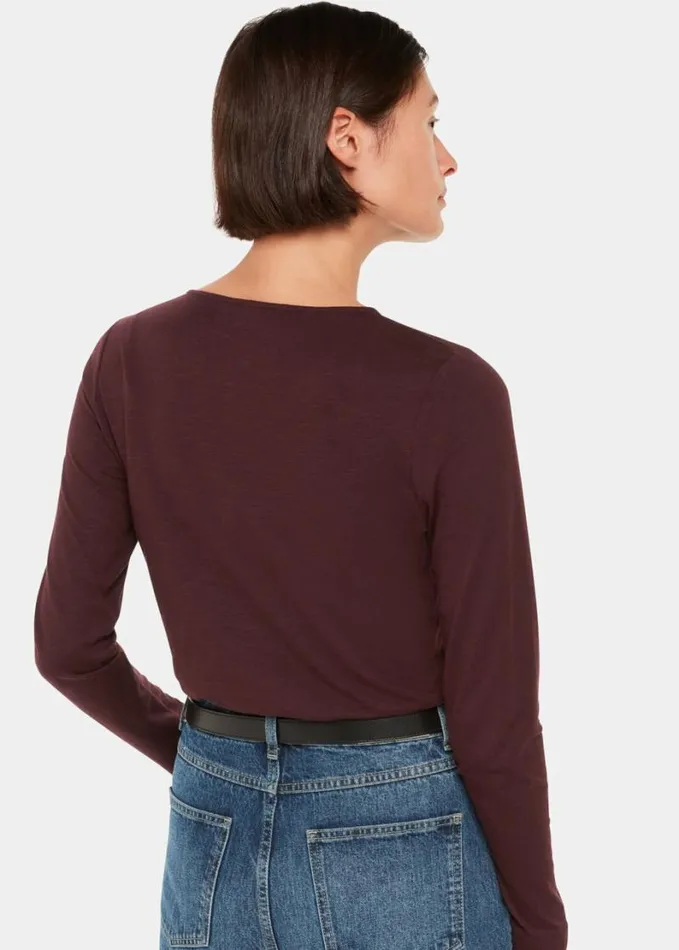 Whistles High V Neck Ruched Top Burgundy Women Tops
