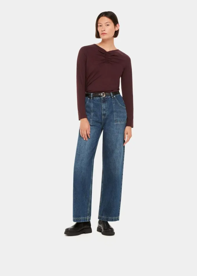 Whistles High V Neck Ruched Top Burgundy Women Tops