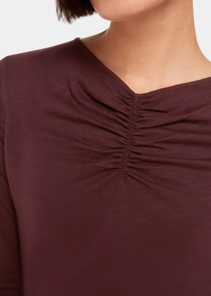 Whistles High V Neck Ruched Top Burgundy Women Tops