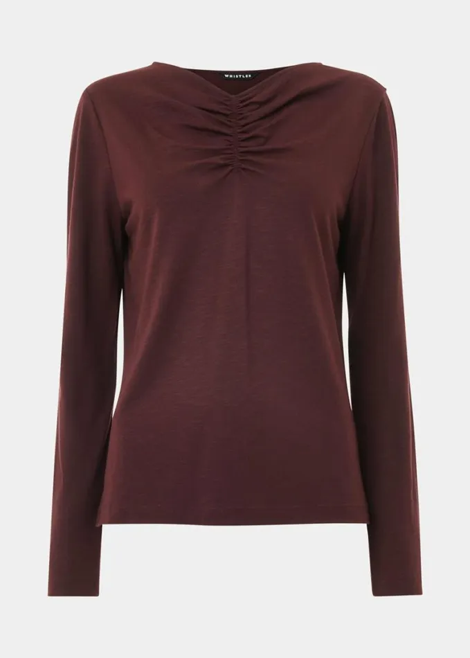 Whistles High V Neck Ruched Top Burgundy Women Tops