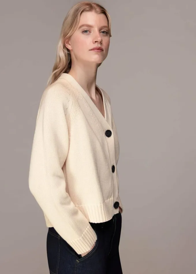 Whistles Karine Rib Detail Cardigan Ivory Women Sweaters and Cashmere