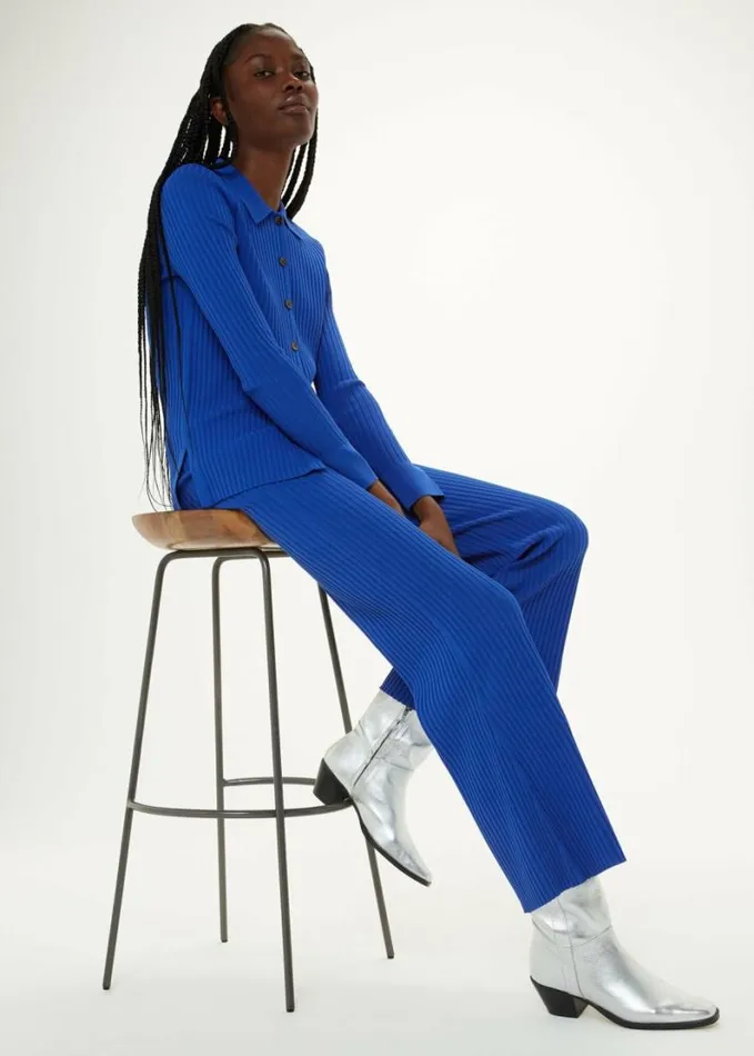 Whistles Knitted Kick Flare Trouser Blue Women Pants