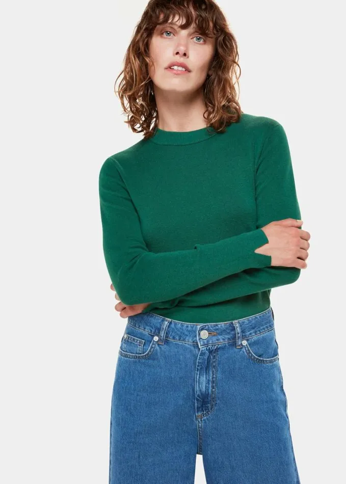 Whistles Mia Fitted Crew Neck Knit Dark Green Women Sweaters and Cashmere