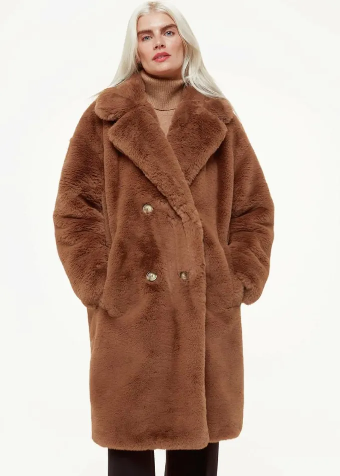 Whistles Petite Teddy Faux Fur Coat Brown Women Petite Coats and Jackets
