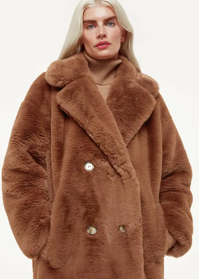 Whistles Petite Teddy Faux Fur Coat Brown Women Petite Coats and Jackets
