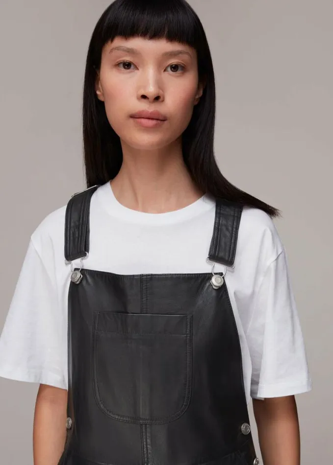 Whistles Peyton Leather Dungarees Black Women Jumpsuits