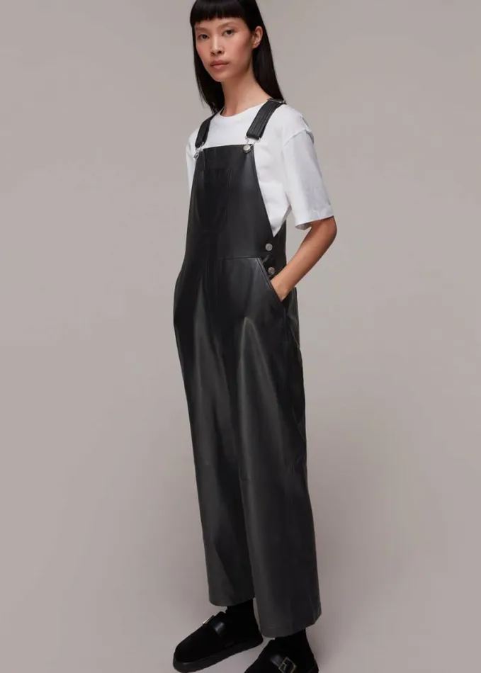 Whistles Peyton Leather Dungarees Black Women Jumpsuits