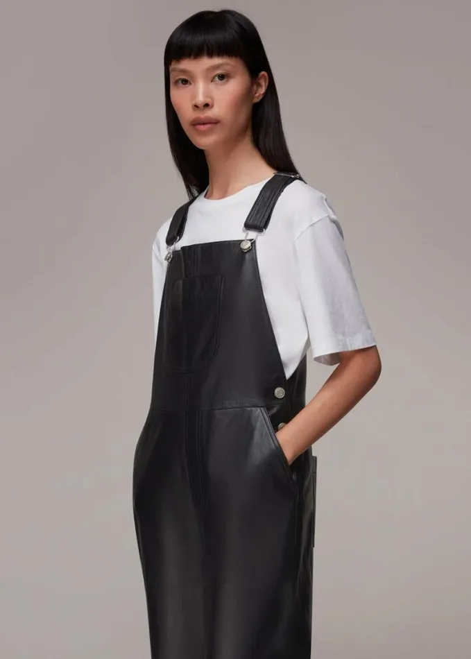 Whistles Peyton Leather Dungarees Black Women Jumpsuits