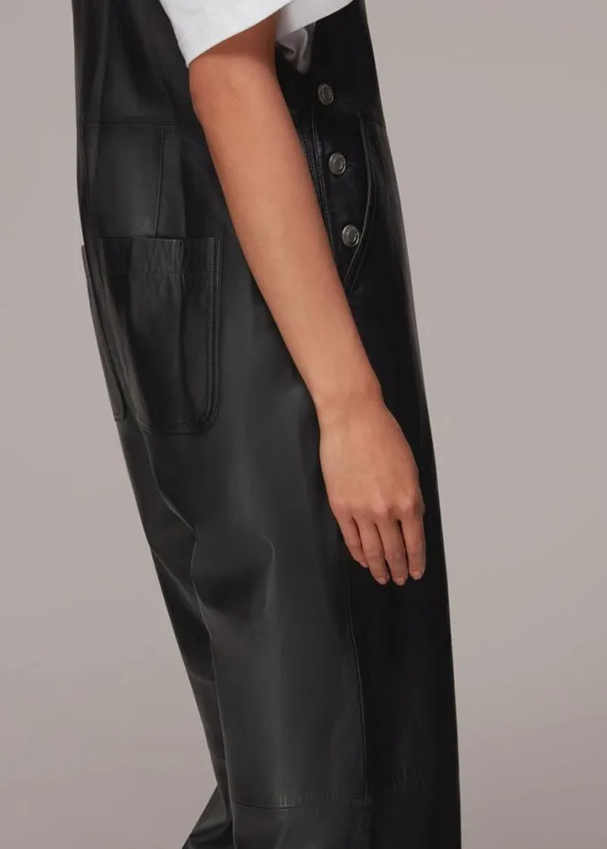 Whistles Peyton Leather Dungarees Black Women Jumpsuits