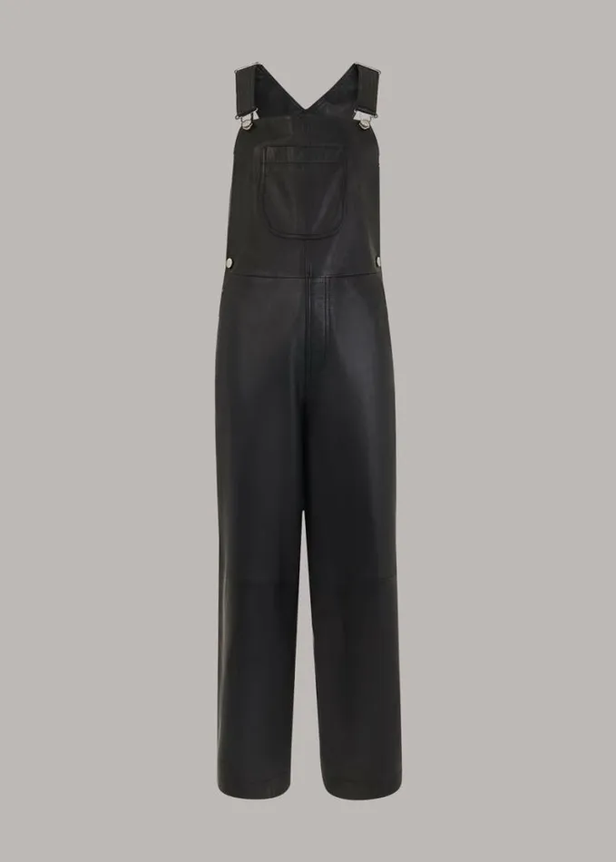 Whistles Peyton Leather Dungarees Black Women Jumpsuits