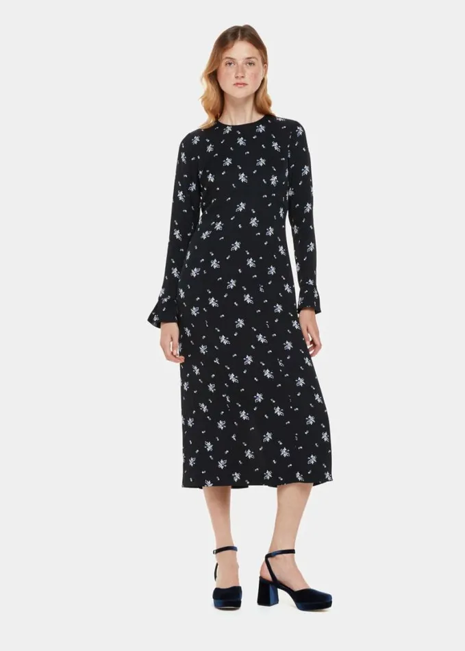 Whistles Romantic Satin Midi Dress Blackmulti Women Dresses