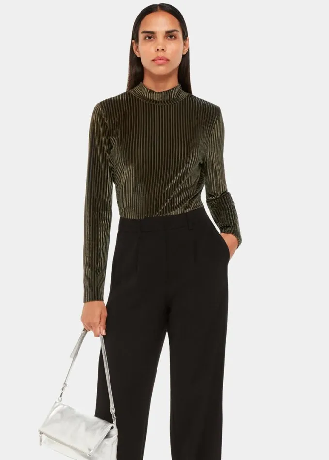 Whistles Velvet Stripe High Neck Top Khaki Women Tops