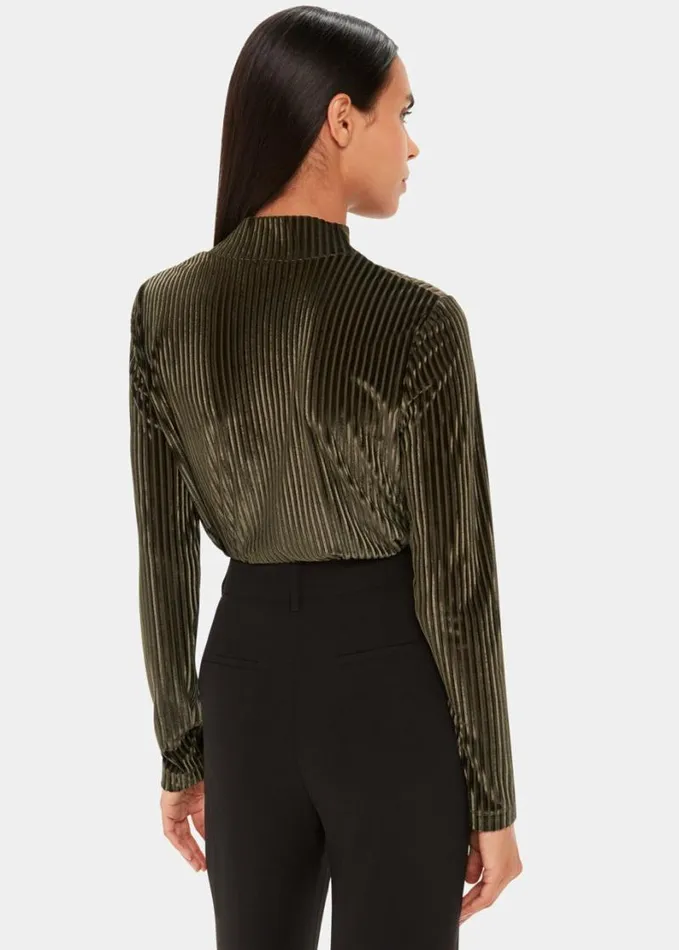 Whistles Velvet Stripe High Neck Top Khaki Women Tops