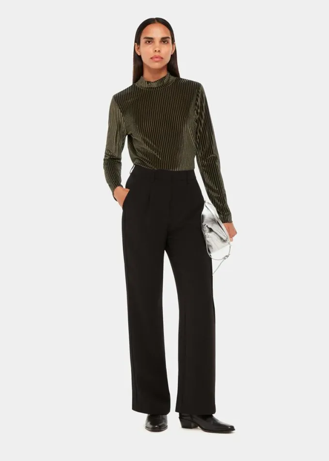 Whistles Velvet Stripe High Neck Top Khaki Women Tops