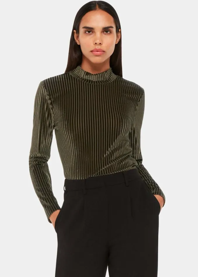 Whistles Velvet Stripe High Neck Top Khaki Women Tops